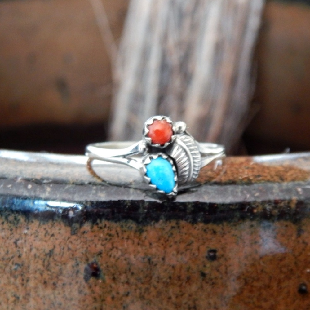 Navajo Turquoise and Coral Ring - Roselene Joe